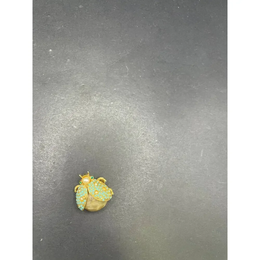 Vintage Gold Tone Ladybug Brooch Pin Turquoise Faux Pearl Beetle Insect Jewelry
